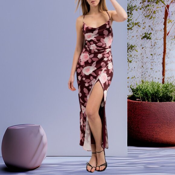 “Emarola & CO" Spring Floral Print Tie Back Satin Midi Summer Dress - Picture 5 of 15